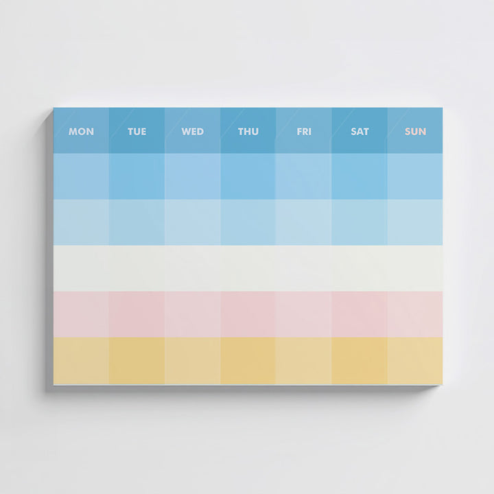 Monthly planner with pastel color blocks for each day of the week on a white background