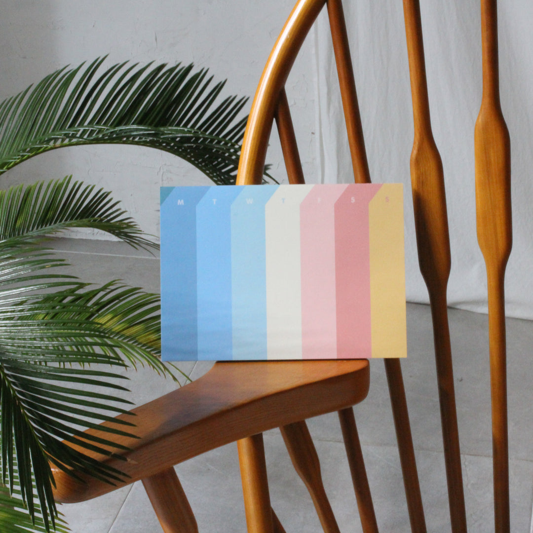 Weekly planner on a wooden chair with a plant in the background