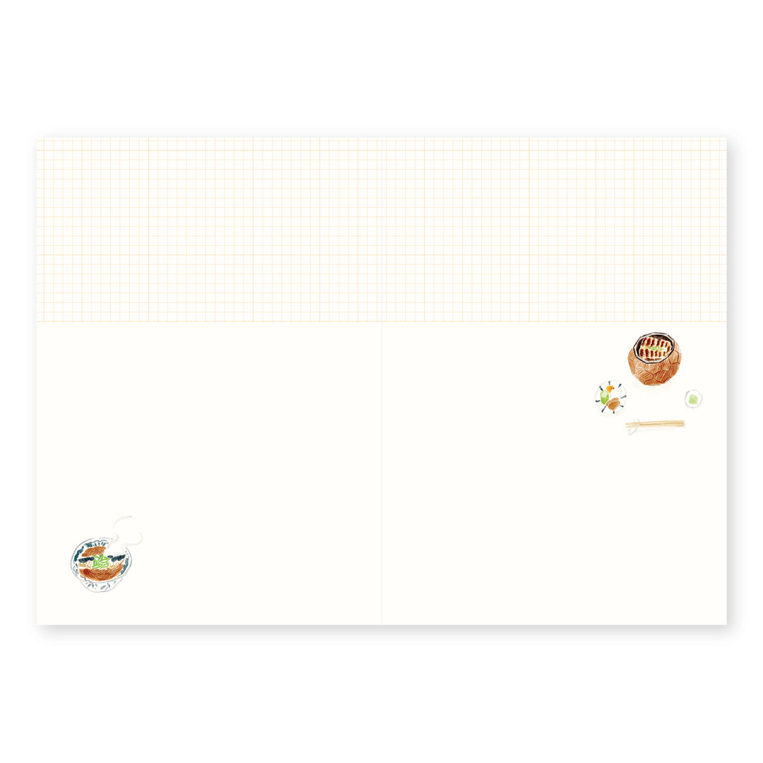 Open notebook spread featuring a grid-patterned layout on the top half, with minimalist watercolor illustrations of ramen, sushi, and chopsticks in the corners against a clean white background.