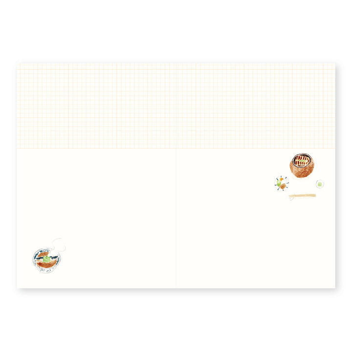 Open notebook spread featuring a grid-patterned layout on the top half, with minimalist watercolor illustrations of ramen, sushi, and chopsticks in the corners against a clean white background.