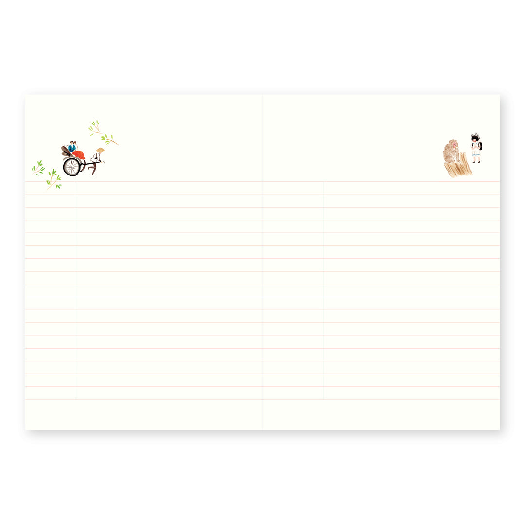 A cream-colored lined writing pad with small decorative illustrations, featuring a bicycle with green leaves on the left and a small character on the right, shown on a white background.