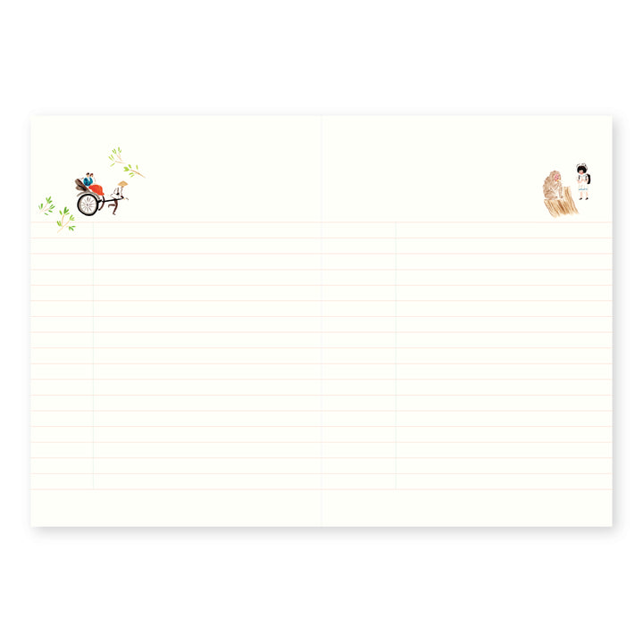 A cream-colored lined writing pad with small decorative illustrations, featuring a bicycle with green leaves on the left and a small character on the right, shown on a white background.