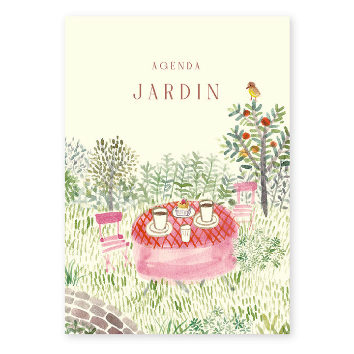 Agenda with garden illustration featuring a table and chairs, and the word 'Jardin'.