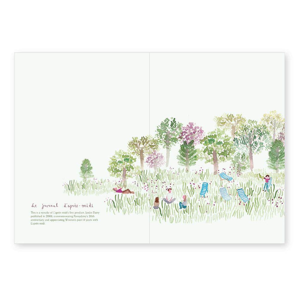 Illustrated journal with children playing in a forest on a white background
