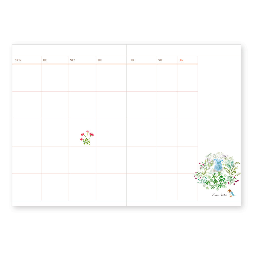 Calendar page with floral designs on a white background