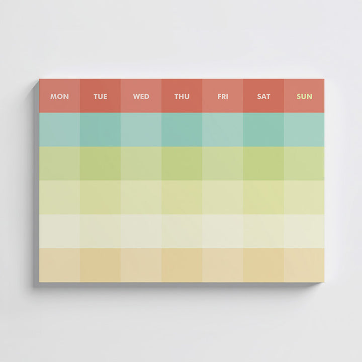 Monthly planner with colorful blocks for each day of the week on a white background