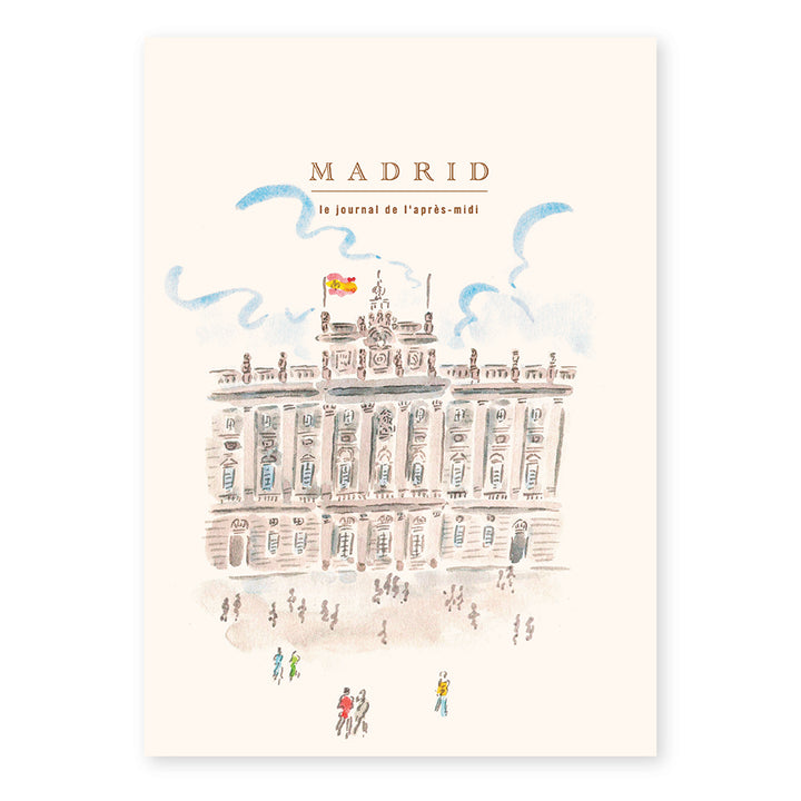 Illustration of a building in Madrid with people around, on a white background.