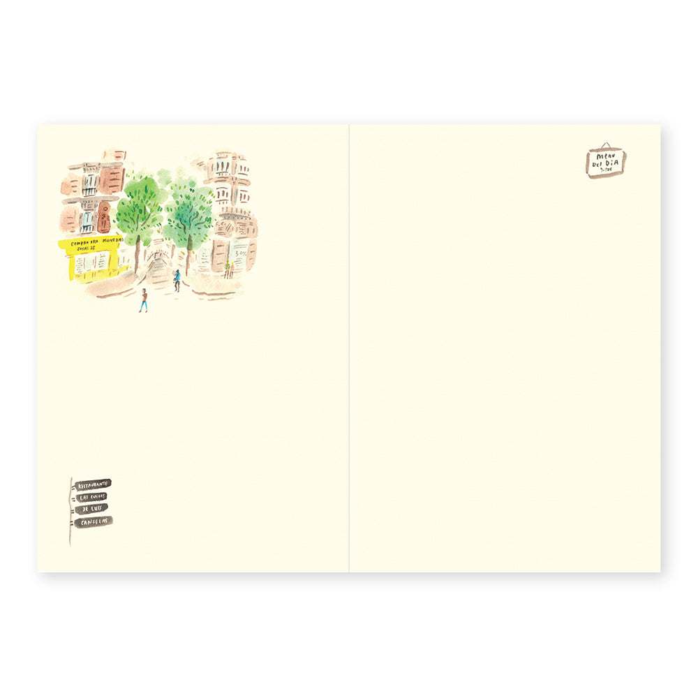 Open notebook with illustrated pages on a white background