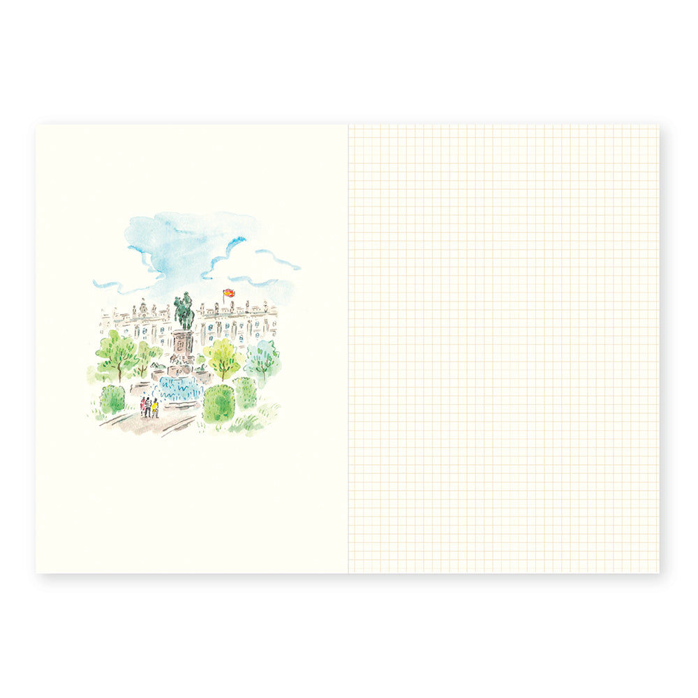 Illustration of a cityscape with trees and people on a white background