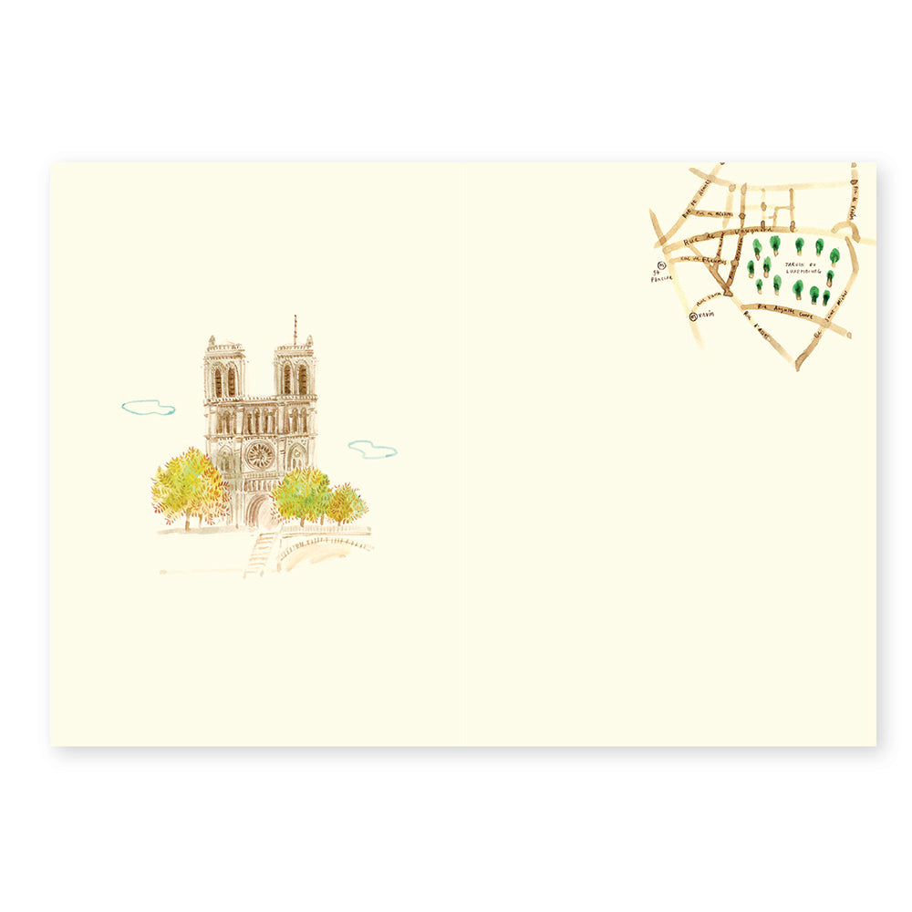 Illustration of a building with trees and a map on a light yellow background