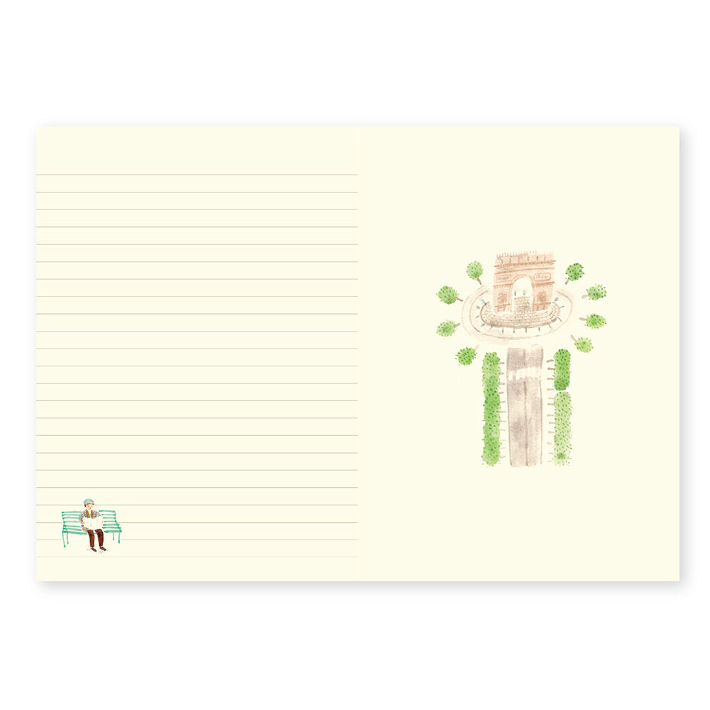 Notebook with lined pages and illustrations of a person on a bench.