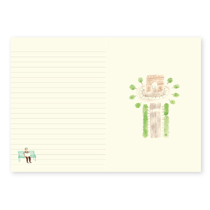 Notebook with lined pages and illustrations of a person on a bench.